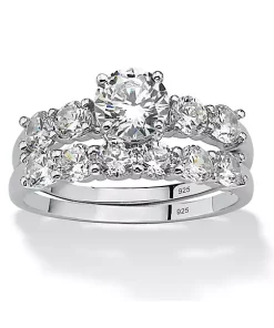 Deals ⭐ Palm Beach Jewelry 2.50 TCW Cubic Zirconia Platinum over .925 Sterling Silver Wedding Band Set ⭐