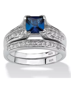 Best Sale 😉 Palm Beach Jewelry 1.45 TCW Blue Sapphire CZ Platinum over Silver 2-Piece Bridal Set 🌟